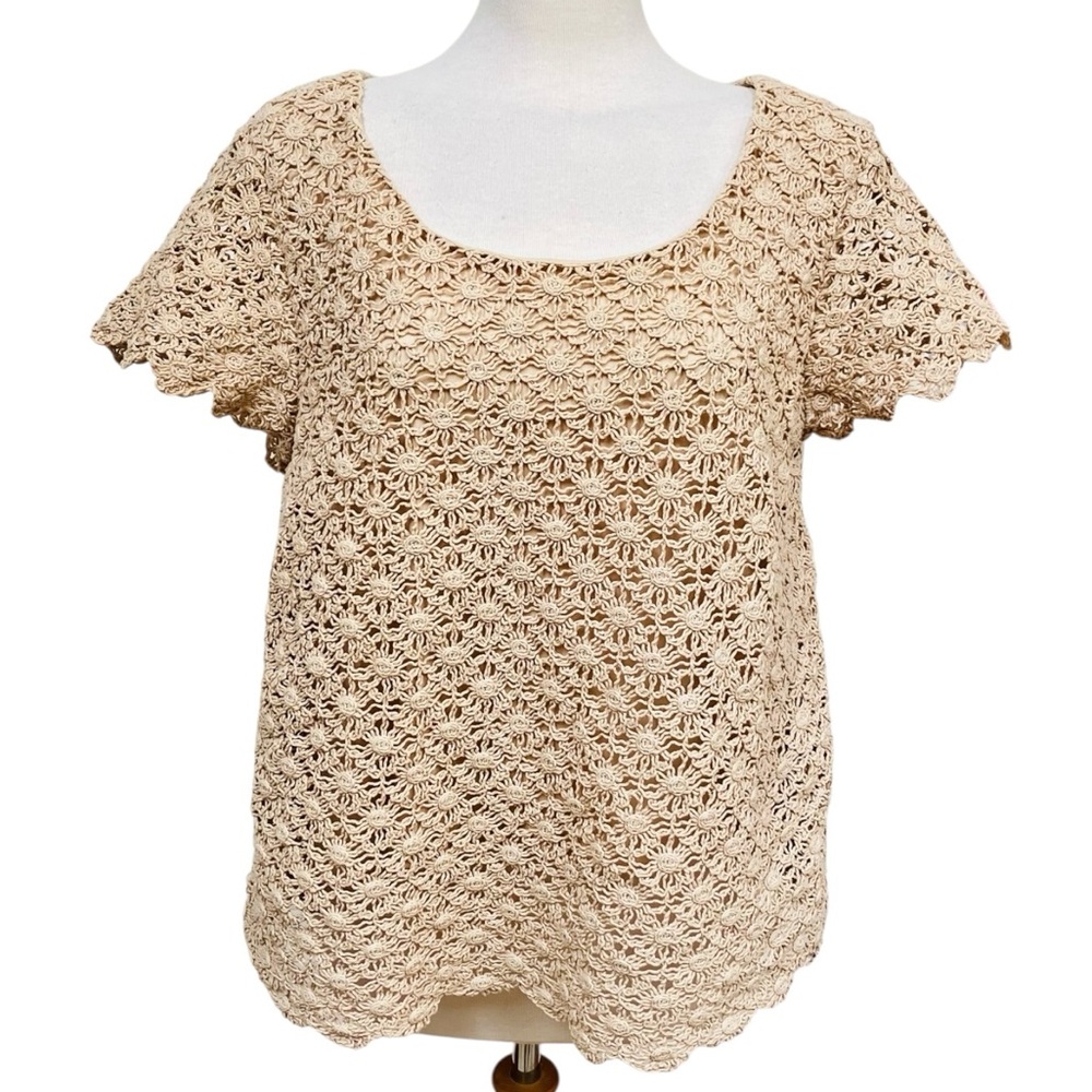 Flint & Moss Beige Tan Crochet Bohemian Short Sleeve Top Women's Size XL